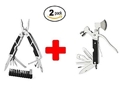 Ultimate Multitool Camping Bundle - Best Multi Tool. Folding Plier Set with 11 Adjustable Screw & Allen Wrench Attachments.Stainless Steel Knife, Hammer, Axe & Plier.