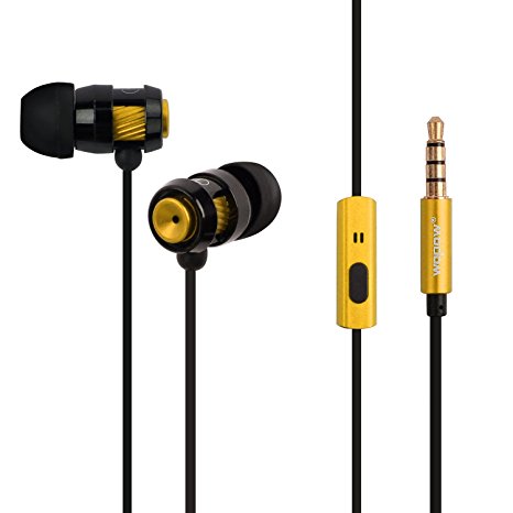 Earbuds In-Ear Premium Bass Headphones, 3.5mm Jack HD Stereo, Wired Earphones, with Microphone and Remote, Volume Control - Gold