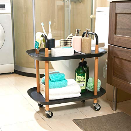 DTK 2 Tier Utility Kitchen Carts with Wheels - Storage Organizer Rolling Craft Cart with Shelves, Trolley Mobile Cart & Wooden Frame for Office, Kitchen, Bathroom (Black) 2PU1BK