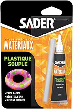 Sader Colle Plastique Souple – Colle pour PVC Souple et Caoutchouc – Idéale pour Bouées, Ballons, Matelas et Bateaux Pneumatiques – Rustine Intégrée – Résiste à l'Eau – Tube 12 ml