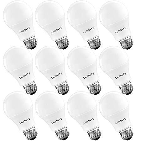 Luxrite A19 LED Light Bulb 60W Equivalent, 4000K Cool White Dimmable, 800 Lumens, Standard LED Bulb 9W, E26 Base, Energy Star, Enclosed Fixture Rated, Perfect for Lamps and Home Lighting (12 Pack)