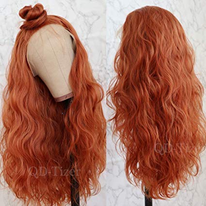QD-Tizer Long Orange Hair Natural Wavy Lace Front Wig Heat Resistant Glueless Synthetic Wigs for Fashion Women 22inch