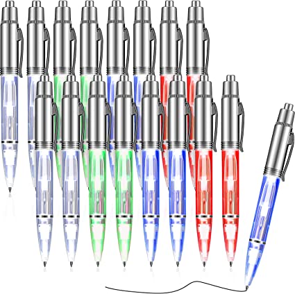 16 Pieces Lighted Tip Pen LED Penlight Light-up Pen Flashlight Writing Ballpoint Pens Metal 2 in 1 LED Light-up Pen for Night Writing (White, Red, Green, Blue Light)