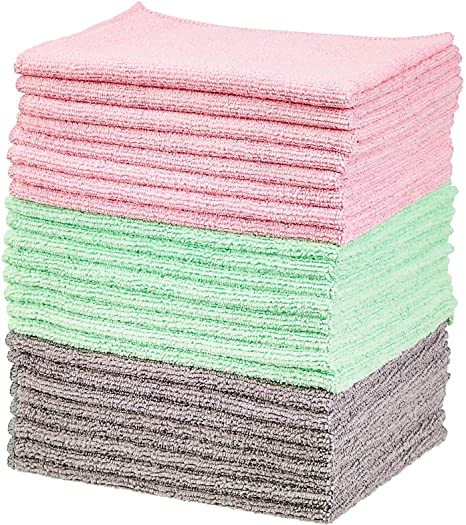 AmazonBasics Green, Gray and Pink Microfiber Cleaning Cloth, 24-Pack