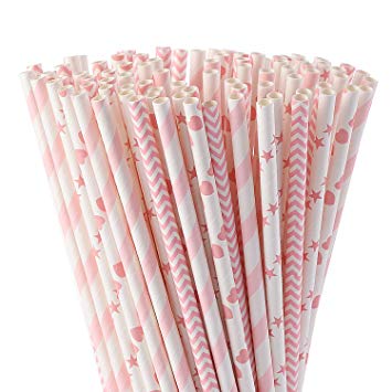 ALINK Biodegradable Pink Paper Straws, Pack of 100 Party Straws for Juice, Cocktail, Smoothies, Birthday, Wedding, Bridal/Baby Shower and Celebration Supplies