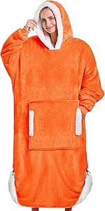 yescool Wearable Blanket Hoodie - birthday gifts for Adults/Women/mom, Flannel Cozy Sherpa Fleece Blanket Sweatshirt with Hood, Pocket & Sleeves, Large, One Size Fits All (Orange)