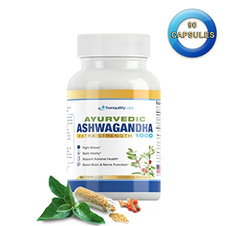 Ayurvedic Ashwagandha 1000 - Raw Ashwagandha root & KSM-66 standardized extract - All Natural, Extra Strength, 90 veg caps, Anxiety & Menopause Relief, Boosts Brain & Thyroid Function, & more!