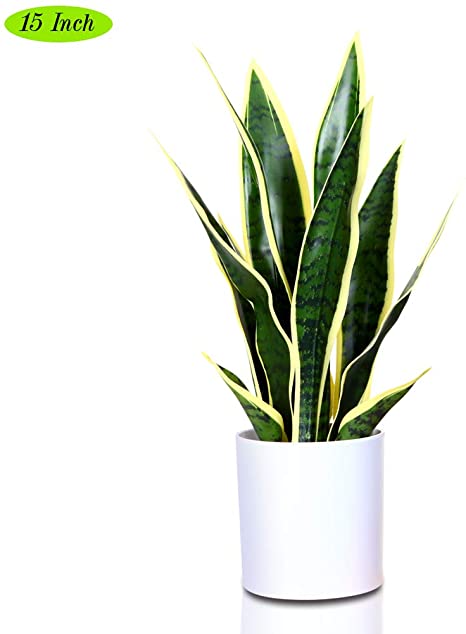 CROSOFMI Artificial Snake Plant 15 Inch Fake Sansevieria Plants,Perfect Faux Plants in Pot for Indoor Outdoor House Home Office Garden Modern Decoration Housewarming Gift