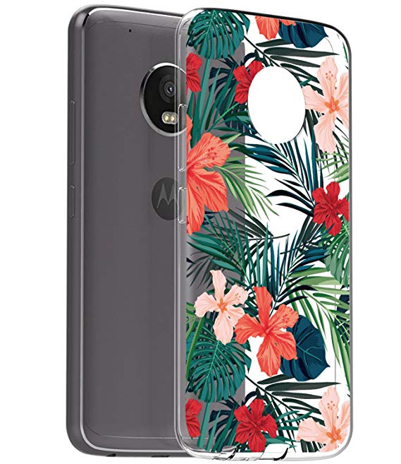 BAISRKE Moto G5 Plus Case, Moto G5 Plus with Flowers Slim Shockproof Clear Floral Pattern Soft Flexible TPU Back Cove for Moto G5 Plus [Tropical Palm Tree Leaves]