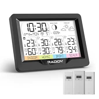 Raddy WF-60M Weather Station with 3 Remote Sensors, Thermometer Indoor Outdoor with Humidity Barometer Monitor, Customized Sensor Names, Weather Forecast, DCF Atomic Clock for Home Use