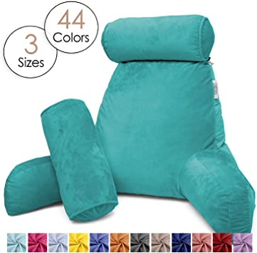 Nestl Reading Pillow, Includes 1 Extra Large Bed Rest Pillow with Arms and Pockets   2 Detachable Pillows - Premium Shredded Memory Foam TV Pillow, Neck Roll & Lumbar Support Pillow - Set of 3 - Teal