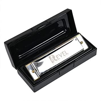 REVEL 10 Key C 10 Hole Diatonic Blues Mouth Organ Harmonica for Professional Player, Silver. With case and cleaning cloth