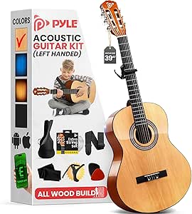 Pyle Left Handed Beginner Acoustic Guitar Kit, 4/4 Full Size All Wood Build Nylon String Instrument with Capo, Gig Bag, Strap, Extra String Set, Guitars for Beginners Adults Youth, 39" Natural Gloss