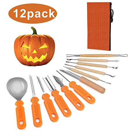 Blisstime Halloween Pumpkin Carving Kit Tools 12 PCS Heavy Duty Stainless Steel Pumpkin Carving Set Includes Wooden Double Sided Sculpting Knife for Jack-O-Lantern and More Halloween Decorations
