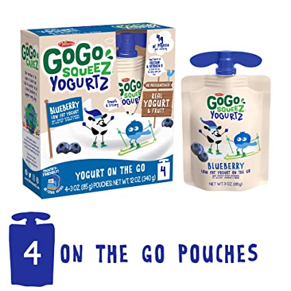 GoGo squeeZ YogurtZ, Blueberry, 3 Ounce (4 Pouches), Low Fat Yogurt, Gluten Free, Pantry-friendly, Recloseable, BPA Free Pouches (Packaging May Vary)