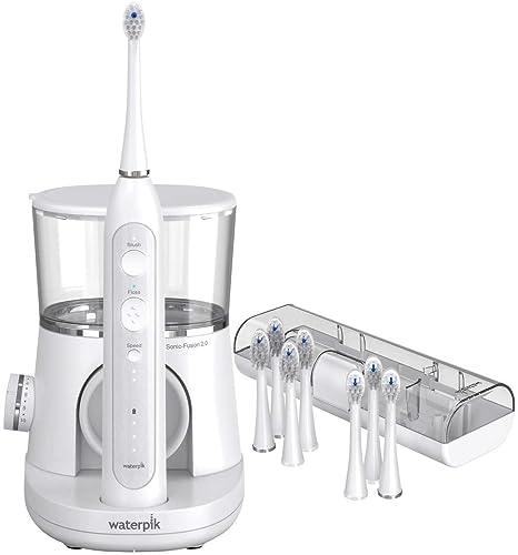 WaterPik Sonic-Fusion 2.0 Brush   Floss Electric Toothbrush with 1 base   1 handle   8 brush heads & covers   1 travel case (White)