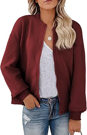 EVALESS Womens Bomber Jacket Coat Casual Stand Collar Zip Up Lightweight Fall Fashion Jackets Outfits with Pockets