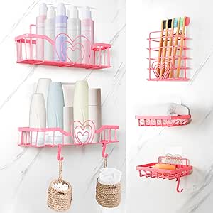 Blulu 5 Pcs Pink Heart Shower Caddy Set Includes 2 Bathroom Shower Organizers Adhesive Stainless Steel Shower Shelves with 4 Hooks 2 Soap Caddy and Toothbrush Holder for Inside Shower Kitchen Storage