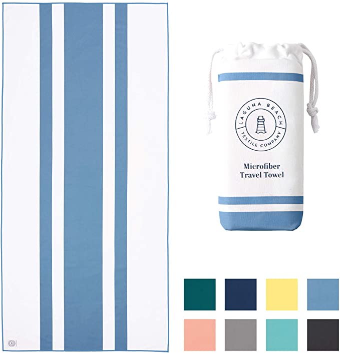 Bright Blue Microfiber Beach Towel by Laguna Beach Textile Co - Sand Free, Light Weight Striped Pool Towel - Perfect for Yoga, Gym, Beach, Pool - Extra Large, 35" x 75 - Laguna Blue