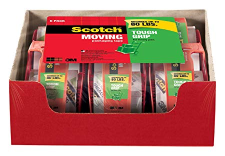 Scotch Tough Grip Moving Packaging Tape, 1.88 in. x 22.2 yd, 1.5 in Core, 6 Rolls with Dispenser per Pack, Tough grip on all box types including boxes made with 100% recycled fibers(150-6)