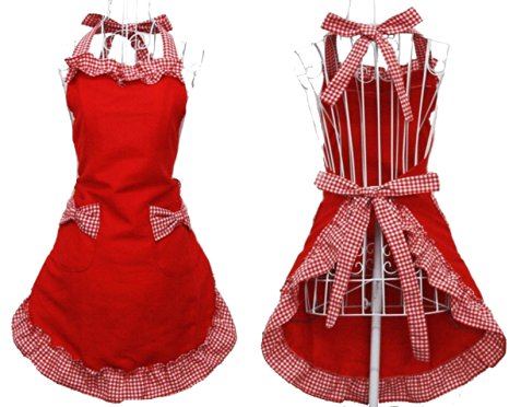 Hyzrz Cute Red Cotton Flirty Womens Aprons Fashion for Girls Vintage Cooking Retro Apron with Pockets Special