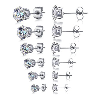 Areke Women's Stainless Steel Round Clear Cubic Zirconia Diamond Rhinestone Stud Earring (6 Pairs)