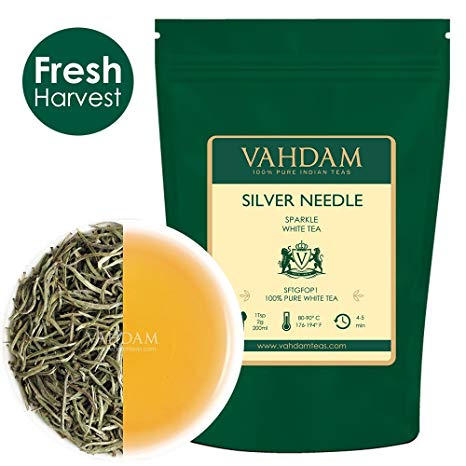 VAHDAM, Silver Needle White Tea Loose Leaf (25 Cups) | HEALTHIEST TEA, 100% NATURAL White Tea Leaves | POWERFUL ANTI-OXIDANTS, CAFFEINE FREE | Brew as Hot Tea, Iced Tea or Kombucha Tea | 1.76oz