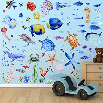 116 Pieces Under The Sea Wall Decals Fish Wall Decals Fish Wall Nursery Stickers Removable Peel and Stick Art for Kids Baby Bedroom Living Room Bathroom Office (Lovely Colors)