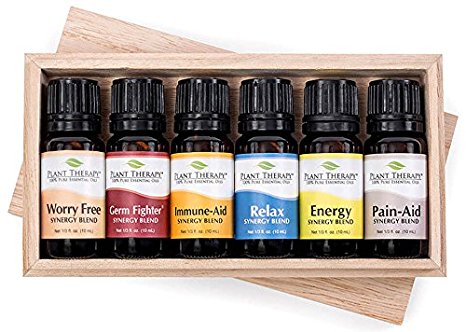 Plant Therapy Top 6 Essential Oil Synergies Set. Includes: Stress Free, Energy, Germ Fighter, Relax, Immune-Aid, and Pain Aid. 10 mL (1/3 Ounce) each.