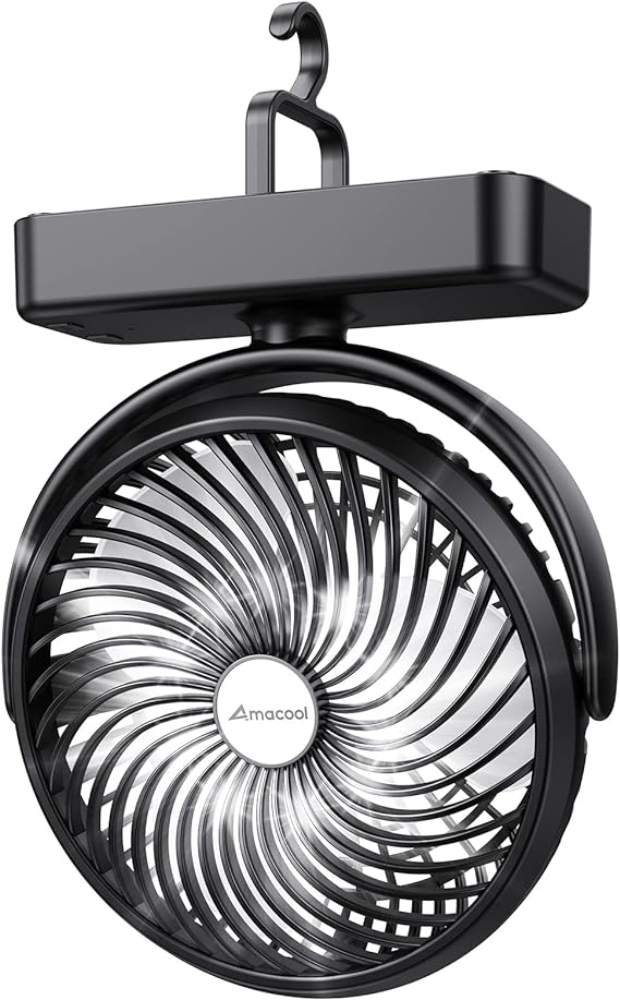 Amacool 10000mAh Battery Operated Camping Fan with LED Light-7 inch USB Fan with Hanging Hook for Tent Car RV Hurricane Emergency Outage