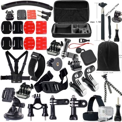 Iextreme Accessories 49-in-1 Accessory Kit for Gopro 4 Gopro Hero 3 Gopro Hero 2 and Gopro Hero Cameras Chest/Head Mount Strap   Extendable Handheld Monopod   Car Suction Cup Bicycle Clip/Handlebar  Nylon Wrist Strap Pouch