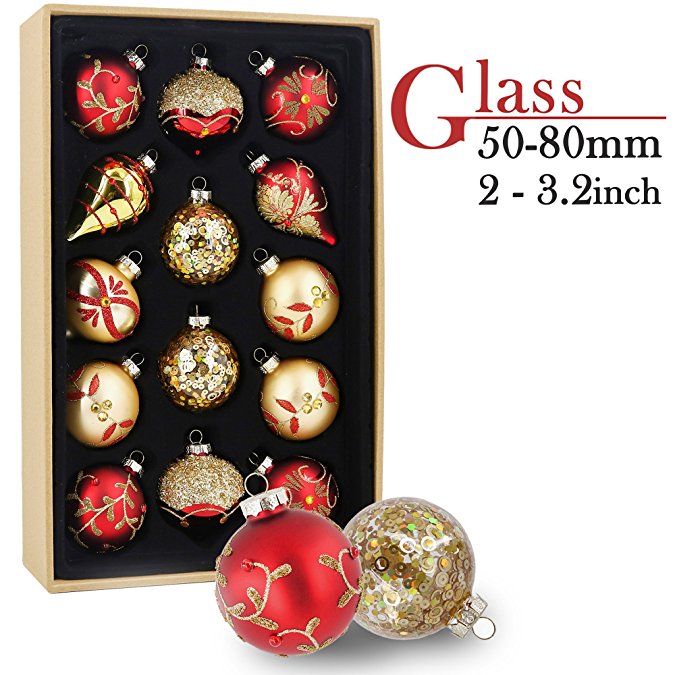 Valery Madelyn 14ct 50-84mm Luxury Red and Gold Glass Christmas Ball Ornaments Decoration,5-8.4cm/1.97-3.31 Inch,14 Pcs Metal Hooks Included, Themed with Tree Skirt(Not Included)