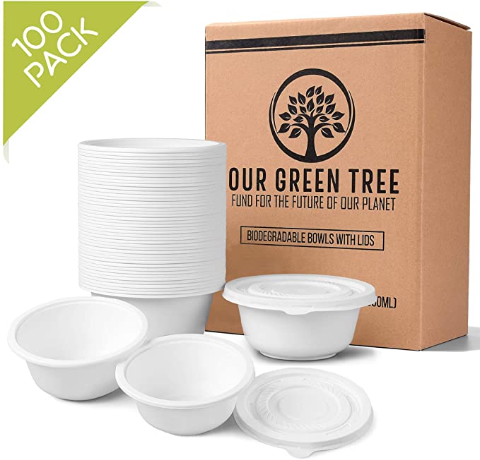 Disposable Bowls with Leakproof Lids, 10 Oz, Set of 100 Biodegradable Bowls and Lids, Made of Compostable Eco Friendly Cornstarch, Microwavable, Heavy Duty, Great for Hot Soup, Salad, Ice Cream
