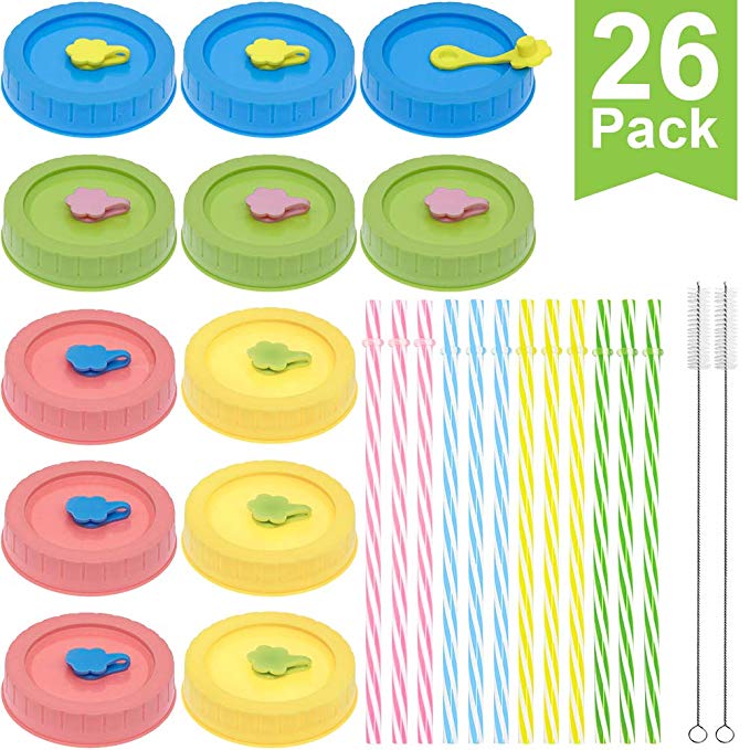 Regular Mouth Mason Jar Lids with Straw Hole/Plastic Straws/Silicone Stoppers/Silicone Rings/Cleaning Brush, Rust-proof, BPA Free Plastic Canning Lids, Great for Drinking & Food Storage(26 Pack)