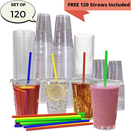 JUMBO Set of 120 16oz Plastic CRYSTAL CLEAR Cups, 120 Flat Lids and 120 Straws - 100% BPA Free - Office/Party Pack Disposable Cups Set for Iced Coffee, Bubble Boba, Smoothie, Tea, Cold Drinks etc