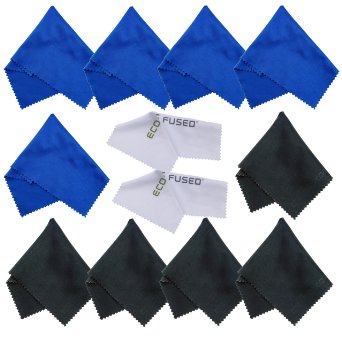 Microfiber Cleaning Cloths 12 Pack for use with Cell Phone, Tablets, Laptops, Glasses, Lenses and Other Delicate Surfaces - One Year Guarantee (blue / black)