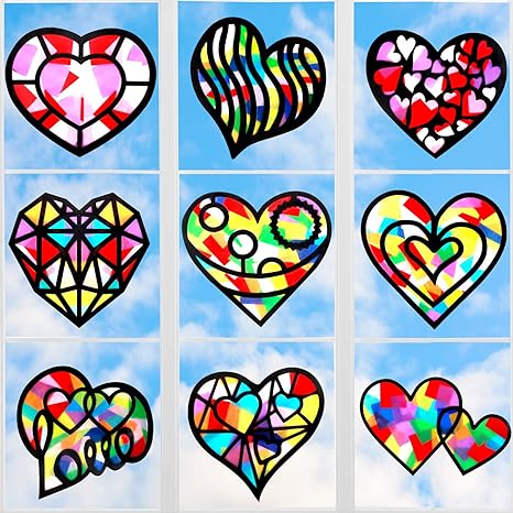 Zonon 27 Pieces Heart Suncatchers for Windows valentine's day Suncatcher Paper Craft Kit DIY Window Paint Art Window Stained Glass Kit Supplies (Heart Style)