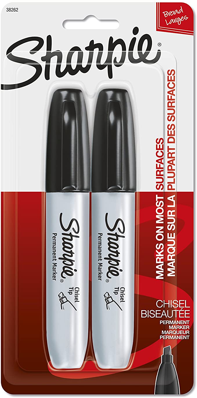 Sharpie 38262PP Permanent Marker Chisel Tip, Blister Pack with 2 Markers, Black Color - Marks On Paper, Plastic, Metal, and Most Other Surfaces - Ink Dries Quickly and Resists Both Fading and Water