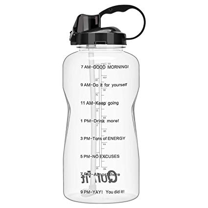 QuiFit Fitness Sport Gallon Water Bottle with Drinking Straw and Motivational Time Marker BPA Free Reusable 64/128 oz Large Capacity Ensure Your Daily Water Intake