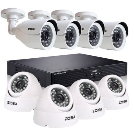 ZOSI 8CH CCTV System Kit 960H Recording Home Security DVR 800TVL Day&Night Color CMOS Cameras Long Night Vision 4PCS Bullet 4PCS Dome Surveillance Smart Security Kit NO HDD