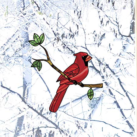 Bird - Cardinal Perched on Branch - Stained Glass Style See-Through Vinyl Window Decal - Copyright Yadda-Yadda Design Co. (5.75"w x 6"h, Cardinal)