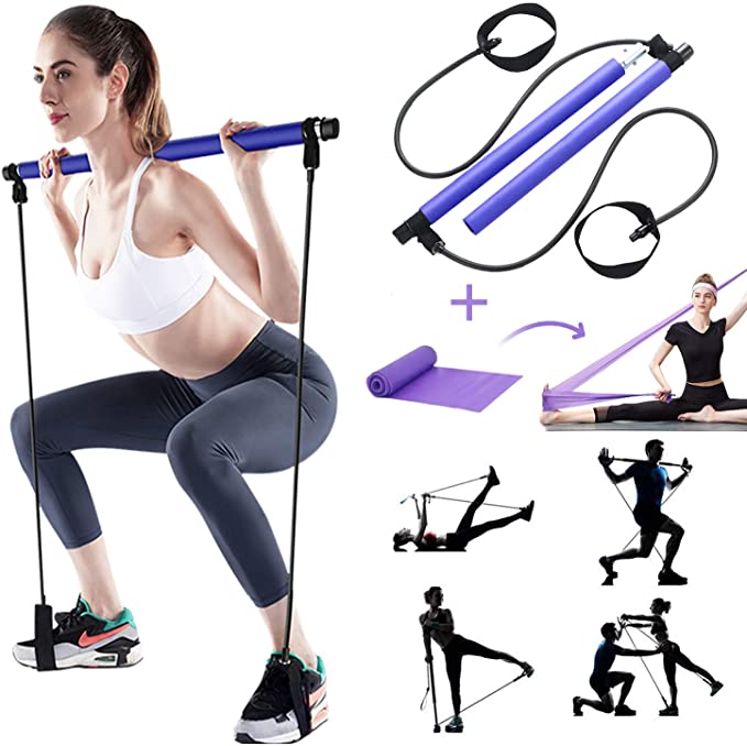 Portable Pilates Bar Kit with Resistance Band and Free Strength Bands Yoga Pilates Stick Muscle Toning Bar Home Gym Workout Exercise Bar with Foot Loop for Total Body Workout Stretch, Twisting