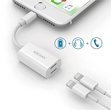 Lightning Adapter Splitter for iPhone 7/7 Plus,Ancent Lightning to Dual Lightning AUX Adapter Headphone Audio   Charge and Sync Data Compatible for iOS 10.3 - White
