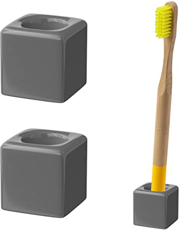 TOPSKY Mini Toothbrush Holder, Ceramics Tooth Brush Razor Pen Stands Set of 2 for Bathroom Countertops Sink, Easy to Elean&Carry, Sturdy (Grey)
