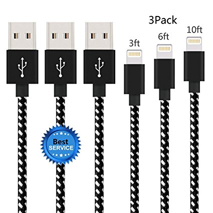 iPhone Cable SGIN 3-PACK 3FT 6FT 10FT Nylon Braided Lightning to USB Charger - Syncing and Charging Cord for Apple iPhone 7, 7 Plus, 6s, 6s , 6, SE, 5s, 5c, 5, iPad Mini, Air, iPod (Black & White)