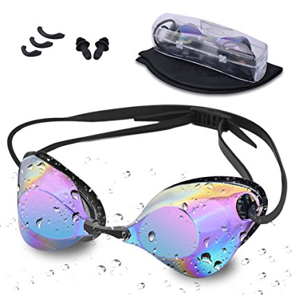 Swimming Goggles, EatekPower Swim Goggles Anti Fog UV Protection No Leaking Large and Clear Vision Dazzle Colour Lens with Protection Case Adjustable Nasal Bridges Earplugs Cap for Adult Men and Women