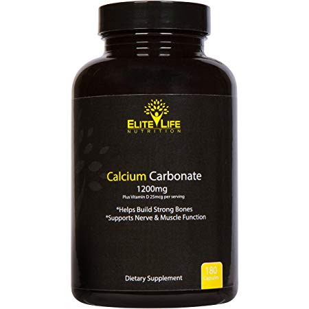 Calcium Carbonate - 1200mg with Vitamin D 25mcg (1000IU) - The Best Calcium Supplement For Women And Men - Pure, Natural, Bioavailable and Highly Absorbable Calcium For Healthy Bones - 180 Capsules