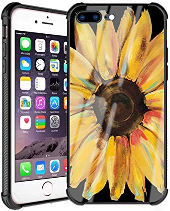 iPhone 8 Plus Case, iPhone 7 Plus Case Floral Flowers for Girls Women Slim Fit Tempered Glass Art Painting Back Cover with Soft Silicone TPU Shockproof Bumper Case for iPhone 7/8 Plus - Sunflower