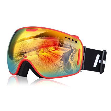 Hicool Xcel Unisex Ski Snow Skate Snowboard Snowmobile Goggle with Mirrored Lens - Anti-Fog UV Protection Detachable Wide Spherical Goggle Lens (Red/Red)