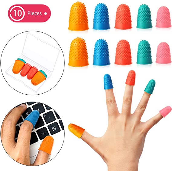 10 Pieces Rubber Finger Tips Finger Pads Grips Thick Reusable Finger Protector Fingertip Grips with a Box for Money Counting Collating Writing Sorting Task Hot Glue Sport Games in 5 Sizes and Colors